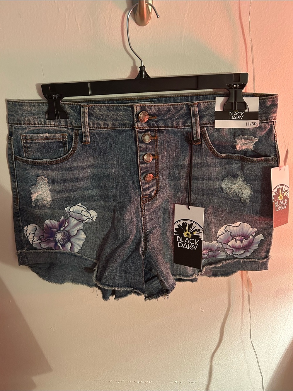 Black Daisy Women's Mid-Blue Floral Distressed Button-Front Denim Shorts